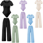 Load image into Gallery viewer, Ladies scoop neck short sleeve bodysuit &amp; elasticated wide leg trouser two piece

