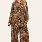 LUXE DIVA LADIES BROWN LEOPARD ITALAIN 2 PIECE SHIRT BLOUSE WITH WIDE LEG PLAZZO TRS SUIT LOUNGE WEAR LOOSE FIT