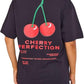 LUXE DIVA Women's Cherry Perfection Printed Oversized Top T-Shirt, Ladies Casual Short Sleeve Baggy Fit Crew Neck Summer Oversized Fruit Slogan Print Tees Shirt UK Plus Size Womenswear Lady Comfort Tshirt Streetwear Crewneck Round Neck