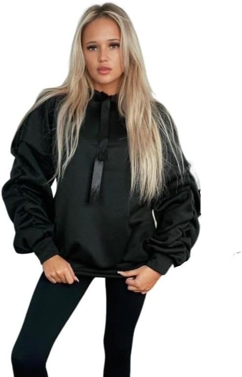 LUXE DIVA Women's Ruched Sleeve Ribbon Oversized Hoodie