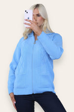 Load image into Gallery viewer, Women&#39;s Ladies Knitted Cable Zipper Collar 2 Pockets Zip All The Way Down 8-14
