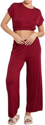 Load image into Gallery viewer, Womens Crew Neck Crop Top and Flared Trouser 2 Pcs Set Ladies Loungewear outfits Casual Flared Bottom Co Ord Set
