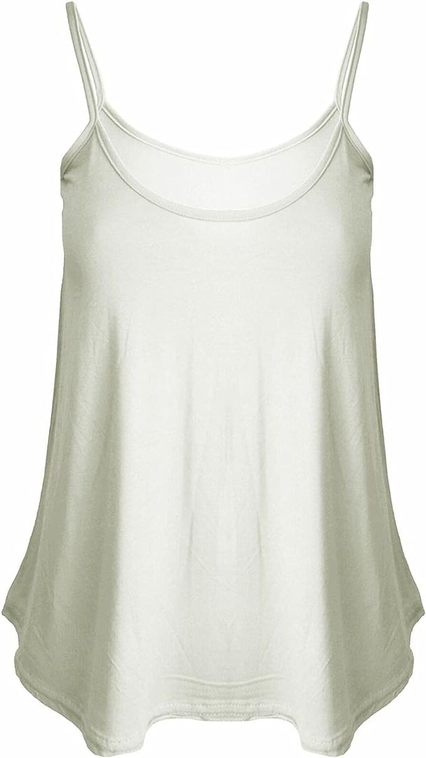 Womens Plain Sleeveless Round Scoop Neckline Stretch Slim Straps Strappy Flared Swing Camisole T-Shirt Vest Top UK Size 8-14