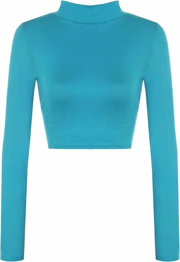 Womens Turtle Neck Crop Ladies Long Sleeve Plain Polo Short Stretch Top Sizes 8-14