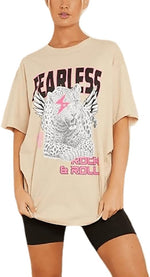 Load image into Gallery viewer, Womens Fearless Rock &amp; Roll Slogan T Shirt Ladies Tiger Print Oversized Baggy Top
