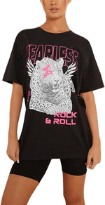 Load image into Gallery viewer, Womens Fearless Rock &amp; Roll Slogan T Shirt Ladies Tiger Print Oversized Baggy Top
