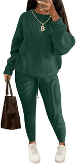 Load image into Gallery viewer, LUXE DIVA Women&#39;s 2pcs Round Neck Drop Shoulder Long Sleeve Top &amp; Drawstring Waist Pant, Casual Slim Solid Sweater Set Knitwear
