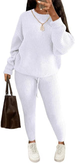 Load image into Gallery viewer, LUXE DIVA Women&#39;s 2pcs Round Neck Drop Shoulder Long Sleeve Top &amp; Drawstring Waist Pant, Casual Slim Solid Sweater Set Knitwear
