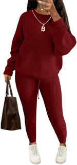 Load image into Gallery viewer, LUXE DIVA Women&#39;s 2pcs Round Neck Drop Shoulder Long Sleeve Top &amp; Drawstring Waist Pant, Casual Slim Solid Sweater Set Knitwear
