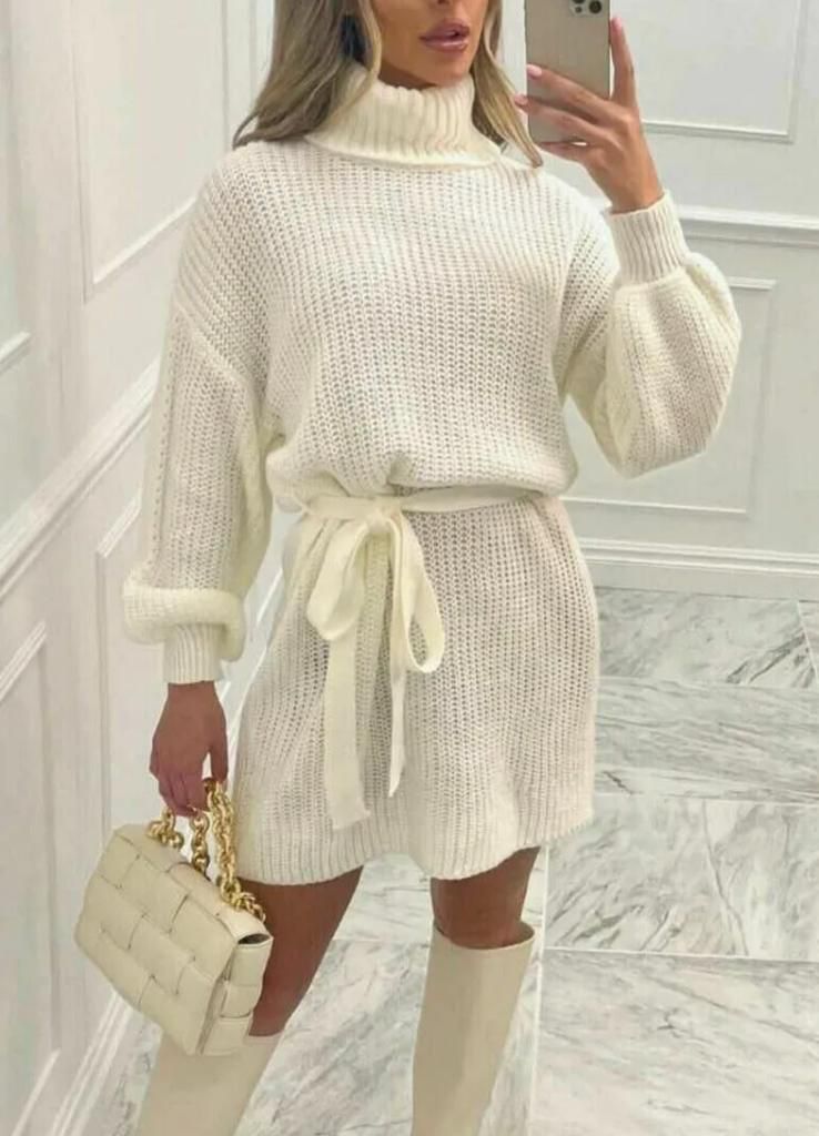 Women's Ladies Knitted Balloon Sleeve Polo Neck Belt Jumper Dress