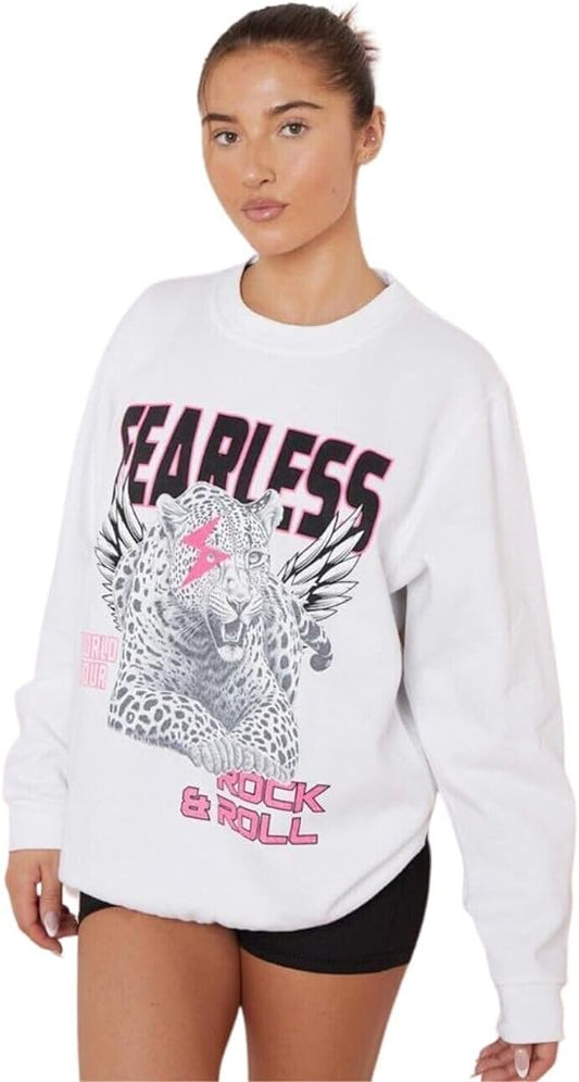 Women’s Long Sleeve Round Neck Tiger Fearless Print Tops Rock & Roll Oversized Sweatshirt Ladies Tiger Face Fearless Printed Baggy Sweat Shirt Size UK S-XXL