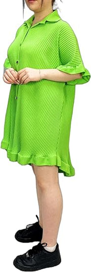 Women’s Gold Button Pleated Short Sleeve Plain Collared Frill Hem Ladies Casual Loose Fit Oversized Baggy Plus Size Swing Summer Crinkle Dresses for Women