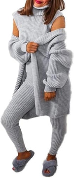 Load image into Gallery viewer, Women&#39;s Long Sleeve Knit 3 Piece Roll Neck Chunky Knitted Top Open Cardigan Tracksuit Ladies Ribbed Sleeveless Jumper Elasticated Legging Lounge Wear Set Size 8-14
