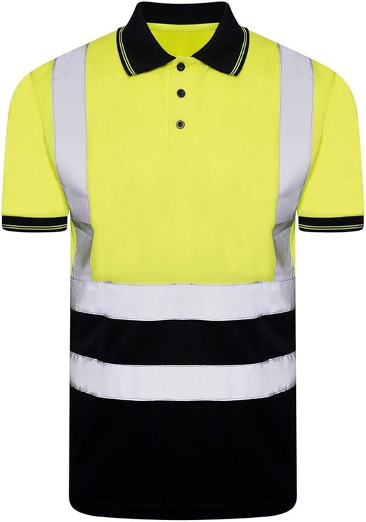 LUXE DIVA  Hi Viz High Visibility Short Sleeve Polo Shirts - Men's Reflective Tape Safety Hi Vis Security Work Breathable Lightweight Workwear T-Shirt Tops