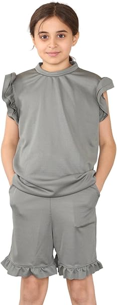 Girls Frill Peplum Short Sleeve Top Set Childrens 2 Pcs Co-ord Loungwear Frill Shorts Tracksuit Sizes 7-13 Years