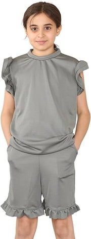 Girls Frill Peplum Short Sleeve Top Set Childrens 2 Pcs Co-ord Loungwear Frill Shorts Tracksuit Sizes 7-13 Years