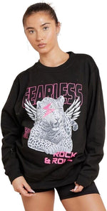 Load image into Gallery viewer, Women’s Long Sleeve Round Neck Tiger Fearless Print Tops Rock &amp; Roll Oversized Sweatshirt Ladies Tiger Face Fearless Printed Baggy Sweat Shirt Size UK S-XXL
