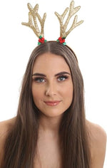 Load image into Gallery viewer, Christmas Headband Gold Glitter Reindeer Antlers With Holly Motif Accessory for Fancy Dress &amp; Parties Kids Adult
