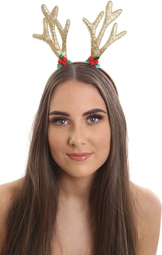 LUXE DIVA Reindeer Antler Headband Gold Glitter Holly