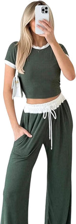 Load image into Gallery viewer, LUXE DIVA Ladies Ribbed Contrast Cap Sleeve Crop Top &amp; Trouser 2 Piece Co ord Set 8-18 Comfort Fit Womenswear Chic Comfortable Cropped Suits Lady Basic
