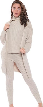 Load image into Gallery viewer, Women&#39;s Long Sleeve Knit 3 Piece Roll Neck Chunky Knitted Top Open Cardigan Tracksuit Ladies Ribbed Sleeveless Jumper Elasticated Legging Lounge Wear Set Suit UK 8-14
