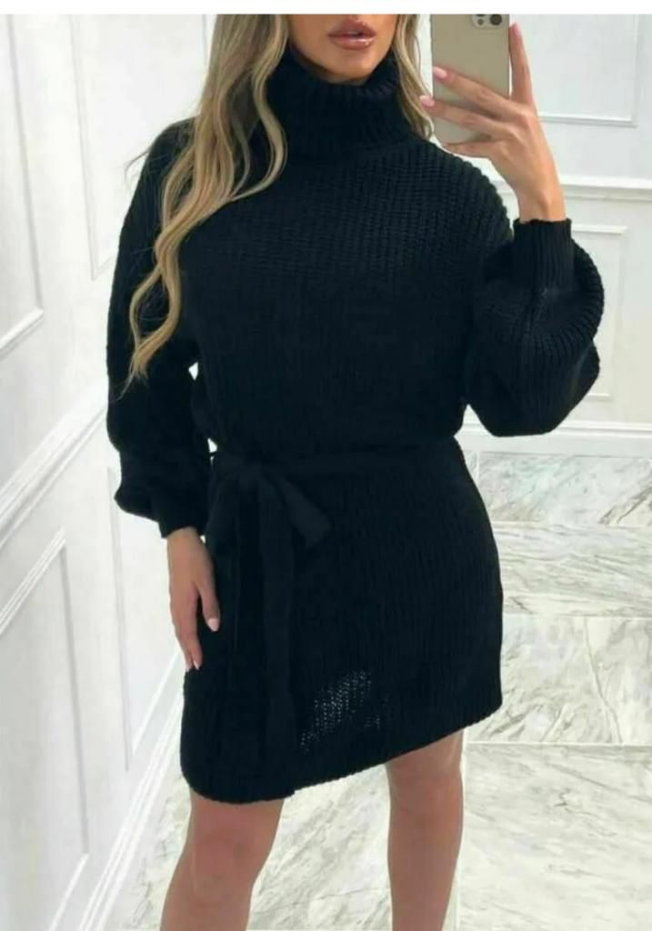 Women's Ladies Knitted Balloon Sleeve Polo Neck Belt Jumper Dress
