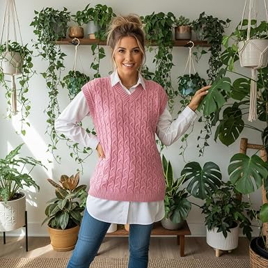 Plain Ladies Cable Knit Vest Womens Knitted Winter V Neck Tank Top Chunky Sweaters Pull Over Casual Sleeveless Jumper Plus Size UK 8-22