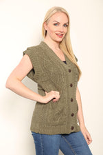 Load image into Gallery viewer, LADIES SLEEVELESS 5 BUTTON WAISTCOAT KNITTED 2 POCKETS V/NECK SELF COLOUR KNITWEAR FRONT PATTERN W/COAT ALL YEAR ROUND WEAR
