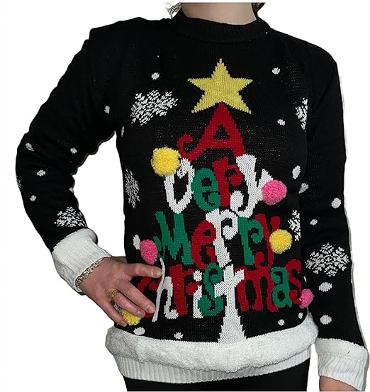 LUXE DIVA Unisex 3D Pom Pom Christmas Tree Jumper Adult