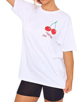 Load image into Gallery viewer, LUXE DIVA Women&#39;s Cherry Perfection Printed Oversized Top T-Shirt, Ladies Casual Short Sleeve Baggy Fit Crew Neck Summer Oversized Fruit Slogan Print Tees Shirt UK Plus Size Womenswear Lady Comfort Tshirt Streetwear Crewneck Round Neck
