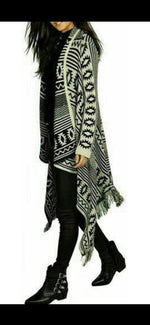 Load image into Gallery viewer, LUXE DIVA Ladies Women Long Sleeves Aztec Print Frill Waterfall Knitted Cardigan 8-16

