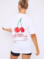 Load image into Gallery viewer, LUXE DIVA Women&#39;s Cherry Perfection Printed Oversized Top T-Shirt, Ladies Casual Short Sleeve Baggy Fit Crew Neck Summer Oversized Fruit Slogan Print Tees Shirt UK Plus Size Womenswear Lady Comfort Tshirt Streetwear Crewneck Round Neck
