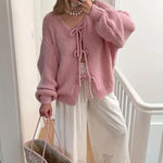 Load image into Gallery viewer, LUXE DIVA Women’s Bow Tie Oversized Sweate V Neck Knit Cardigan Cute Long Sleeve Pullover Top
