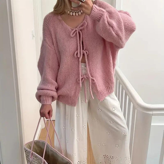 LUXE DIVA Women’s Bow Tie Oversized Sweate V Neck Knit Cardigan Cute Long Sleeve Pullover Top