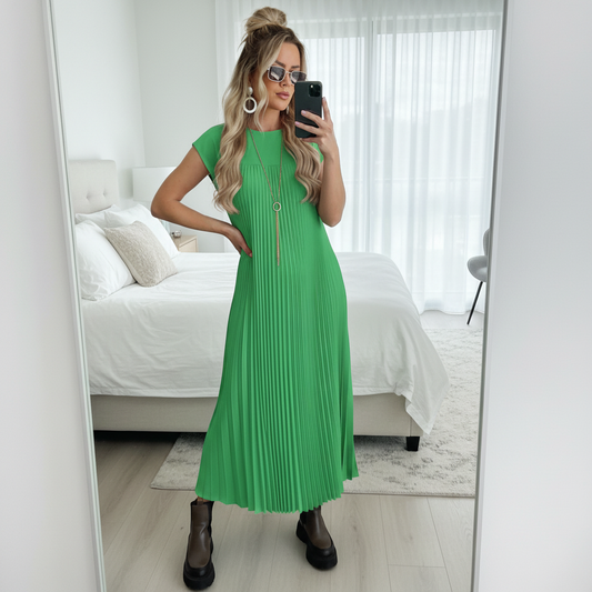 LUXE DIVA Ladies Summer Beach Pocket Dress Pleated Maxi Party Holiday Casual Plus Size UK Lightweight Flowy Elegant Sleeveless Long Dress with Pockets