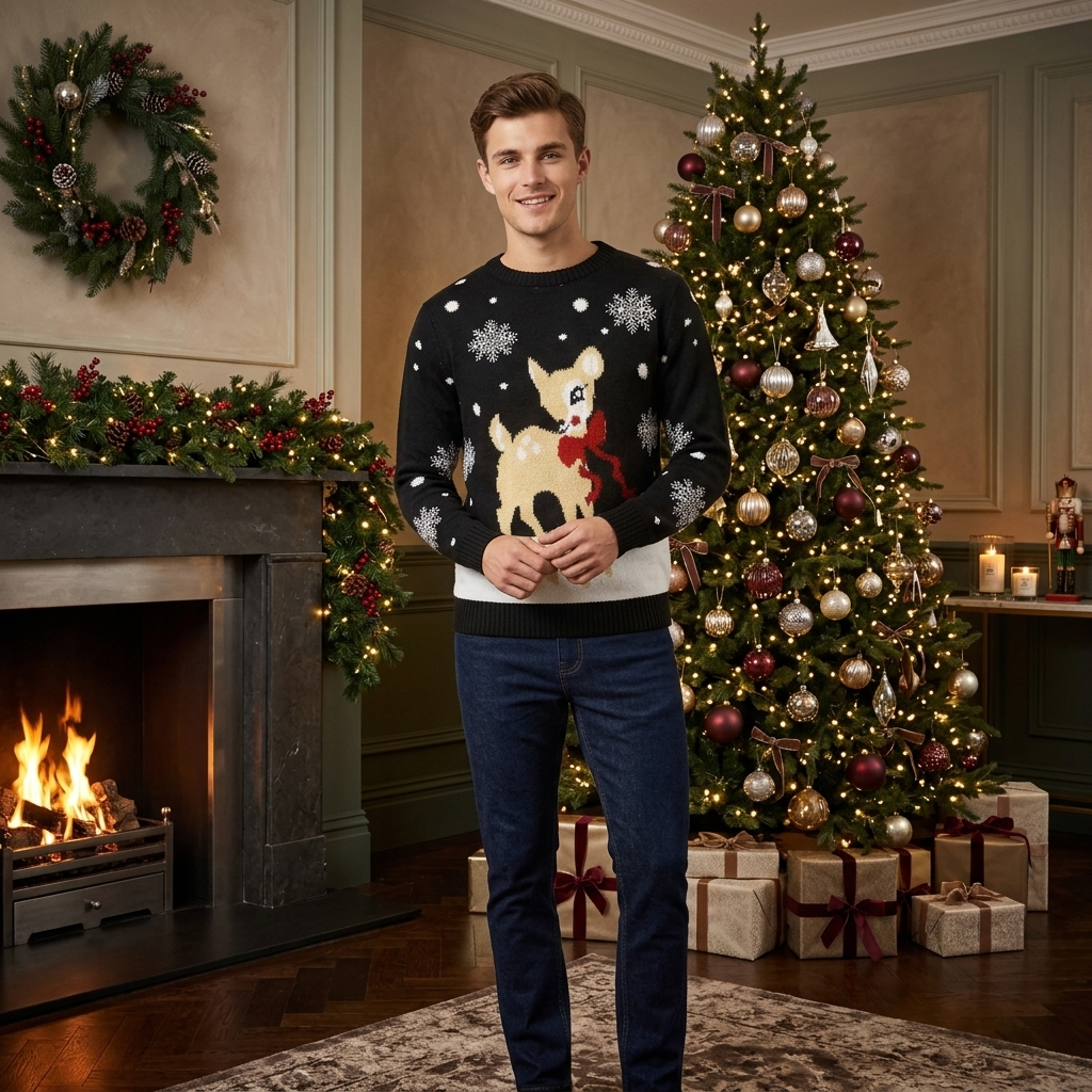 LUXE DIVA Mens Christmas Baby Deer Jumper Knitted Xmas Sweater Festive Reindeer Cute Winter Pullover