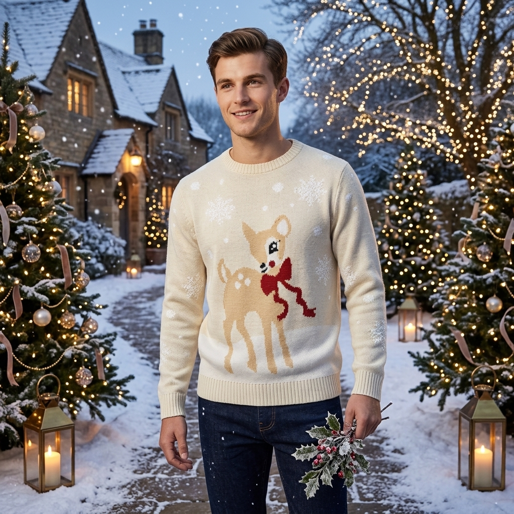 LUXE DIVA Mens Christmas Baby Deer Jumper Knitted Xmas Sweater Festive Reindeer Cute Winter Pullover