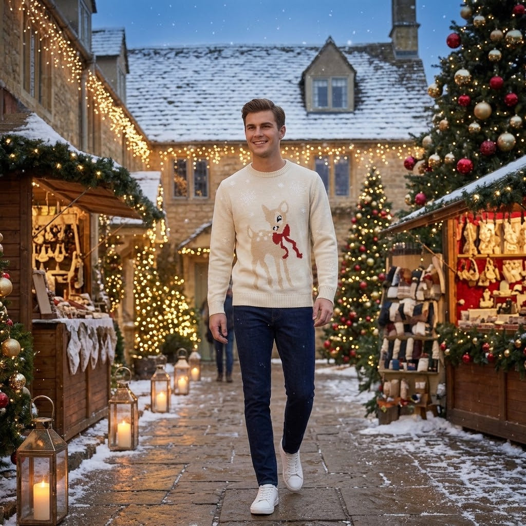LUXE DIVA Mens Christmas Baby Deer Jumper Knitted Xmas Sweater Festive Reindeer Cute Winter Pullover