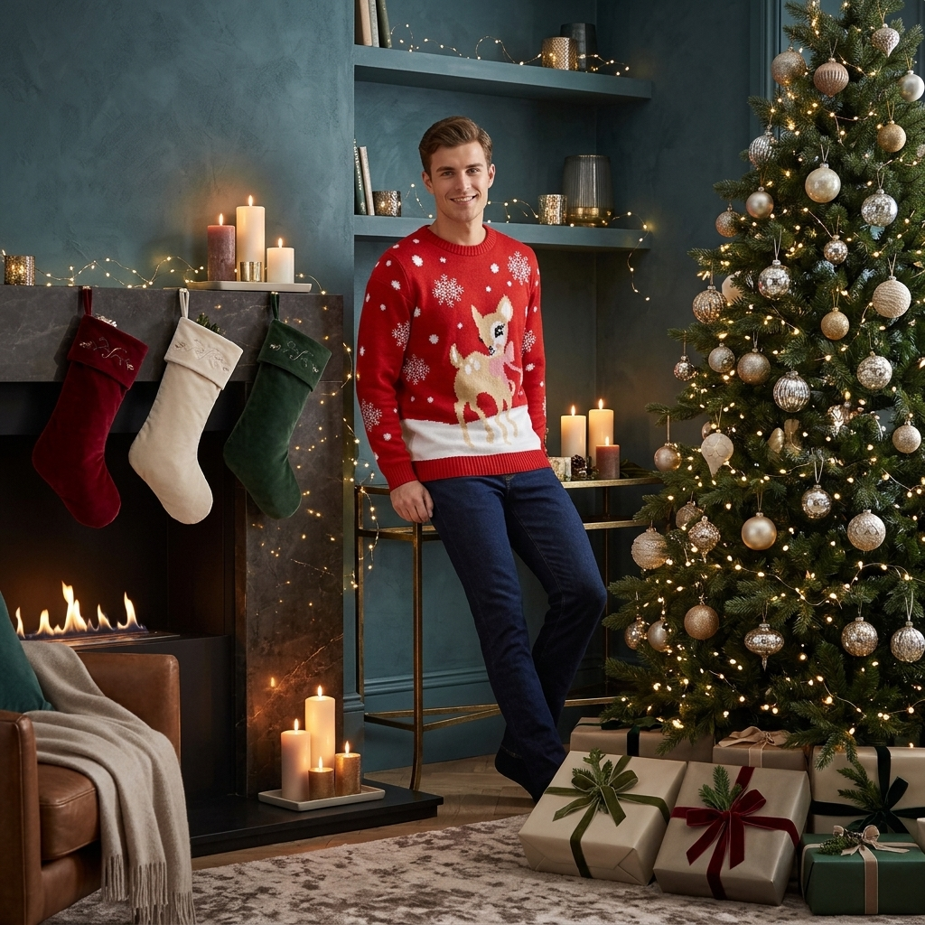 LUXE DIVA Mens Christmas Baby Deer Jumper Knitted Xmas Sweater Festive Reindeer Cute Winter Pullover