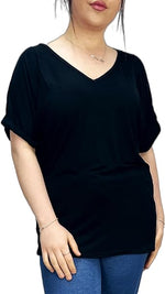 Load image into Gallery viewer, Women&#39;s New Plus Size Womens Short Turn Up Sleeve Baggy Plain Top Ladies V-Neck T-Shirt 16-26
