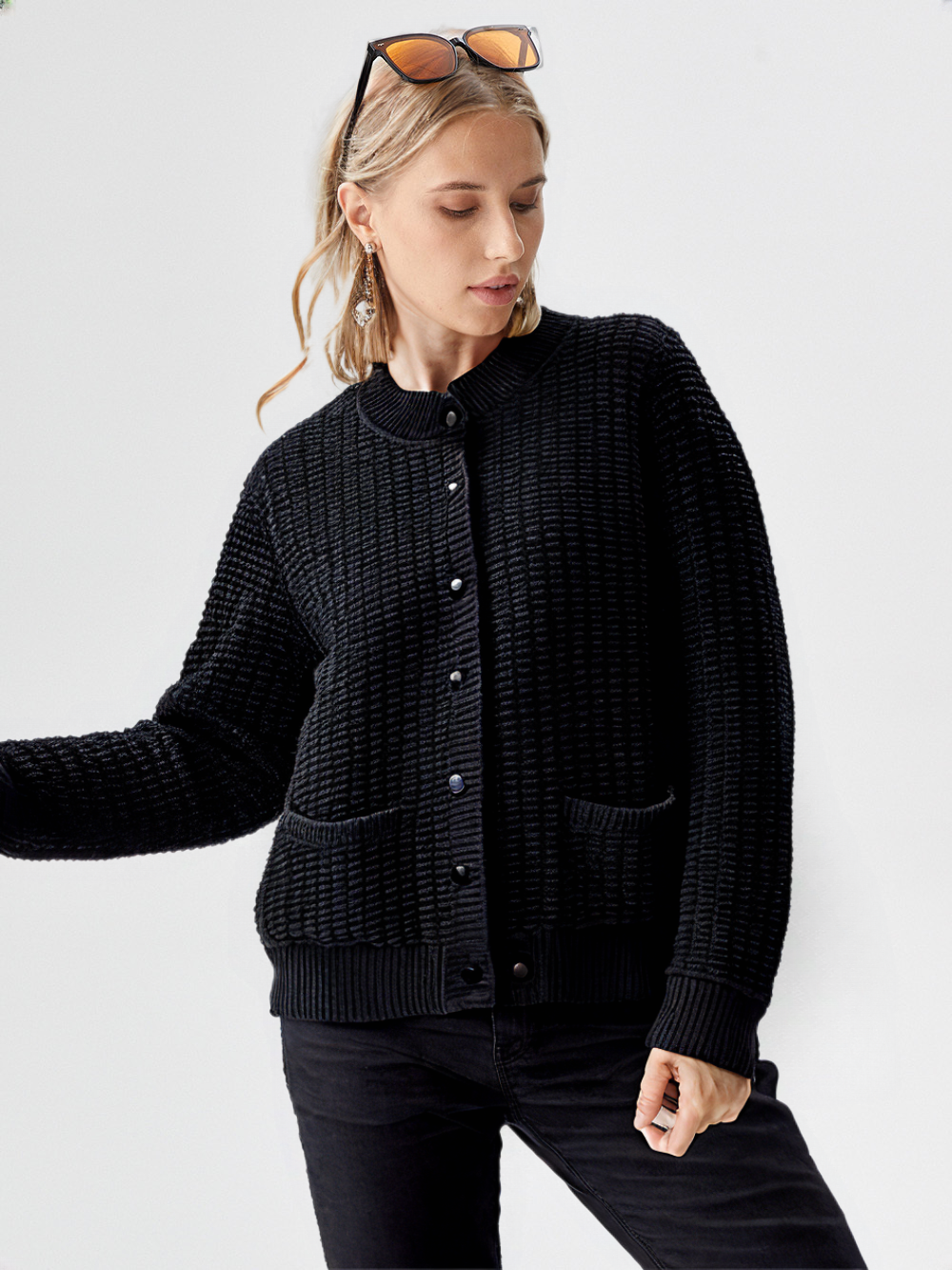 LUXE DIVA Womens Stitch Crew Neck Cardigan Ladies Knitted Pocket Front Button Up Long Sleeve Sweater UK 8-22