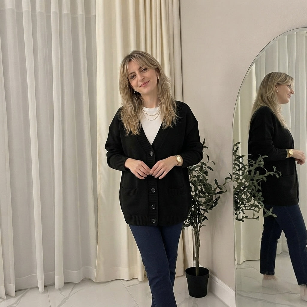 LUXE DIVA Women’s Longline V Neck Cardigan 5 Button Oversized Knit