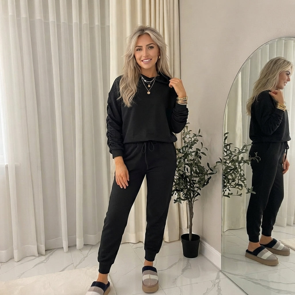 LUXE DIVA Women’s Ruched Sleeve Hoodie Tracksuit Set