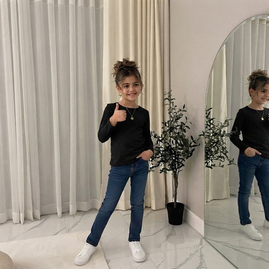 LUXE-DIVA Girls Boy Kids Plain Basic Long Sleeve Round Neck T-Shirt Stretch School Tee Top 2-13 Years