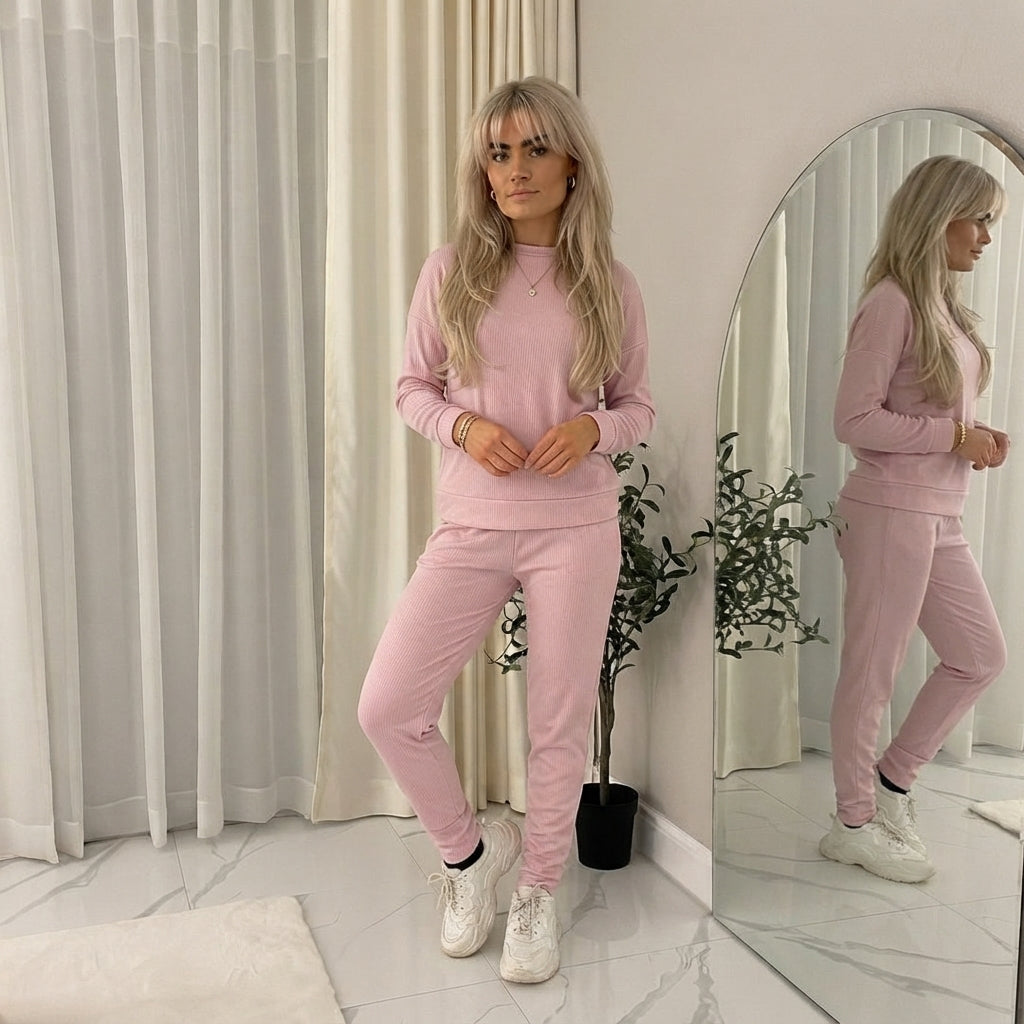 LUXE DIVA Women's Plain Tracksuit Set Crew Neck Sweatshirt Joggers Casual 2 Piece