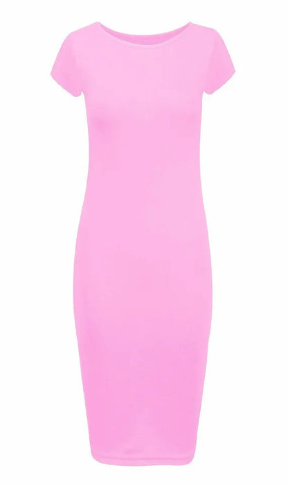 LUXE DIVA Ladies Scoop Neck Bodycon Dress Cap Sleeve Slim Fit Midi Dress Womens Plus Size Plain Stretch Ladies Jersey Midi Dress Sizes 8-26