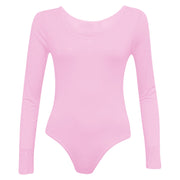 Ladies New Plain Round Neck Long Sleeve Slim Fit Basic Stretchy Leotard Bodysuit Top
