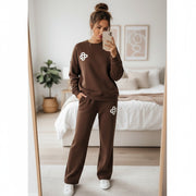 2Pc Knitted Lounge Wear Sets for Women UK, Crew Neck Long Sleeve Top & Drawstring Trousers Tracksuit, Warm Casual Daily Knitwear Set