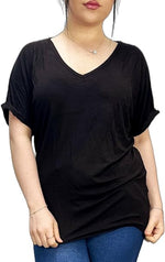 Load image into Gallery viewer, Women&#39;s New Plus Size Womens Short Turn Up Sleeve Baggy Plain Top Ladies V-Neck T-Shirt 16-26
