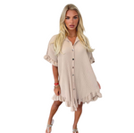 Load image into Gallery viewer, LUXE DIVA Women&#39;s Ladies Gold Button Pleated Frill Summer Shirt Swing Smock Mini Dress Top
